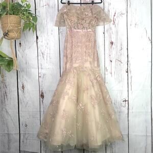 camille de vie sheer corset ruffle off theshoulder floral applique trumpet dress